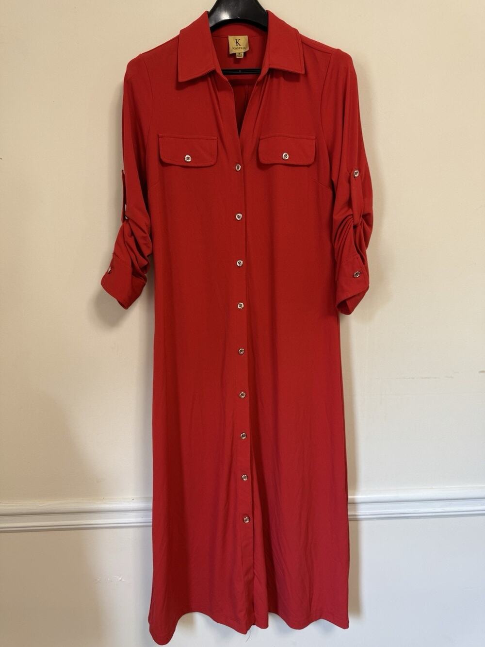 Kasper Orange Shirt Dress Button Front Roll Tab Sleeve Siz S